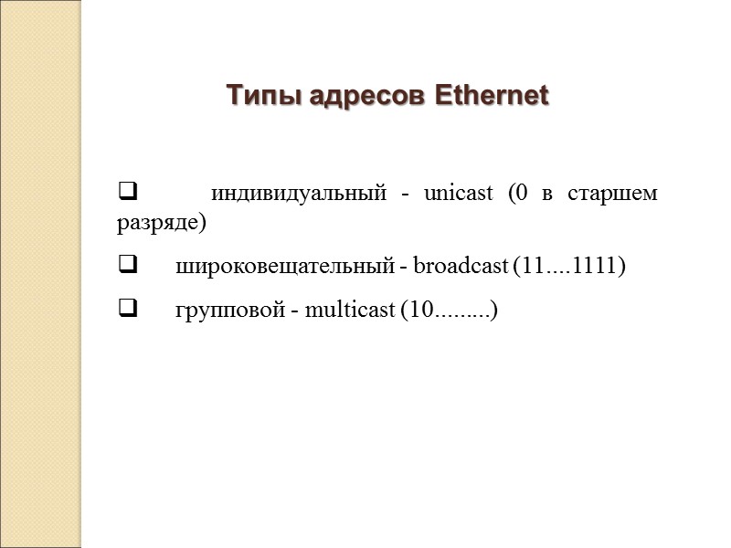 Типы адресов Ethernet       индивидуальный - unicast (0 в